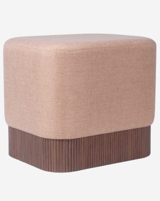 Pouf in tessuto beige con base in legno di bambù color noce
