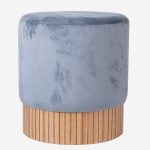 Pouf rotondo in velluto blu e bambù