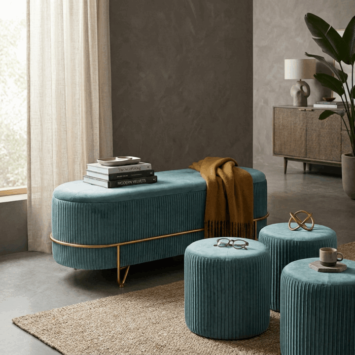 Panca contenitore turchese in velluto con pouf - immagine 2