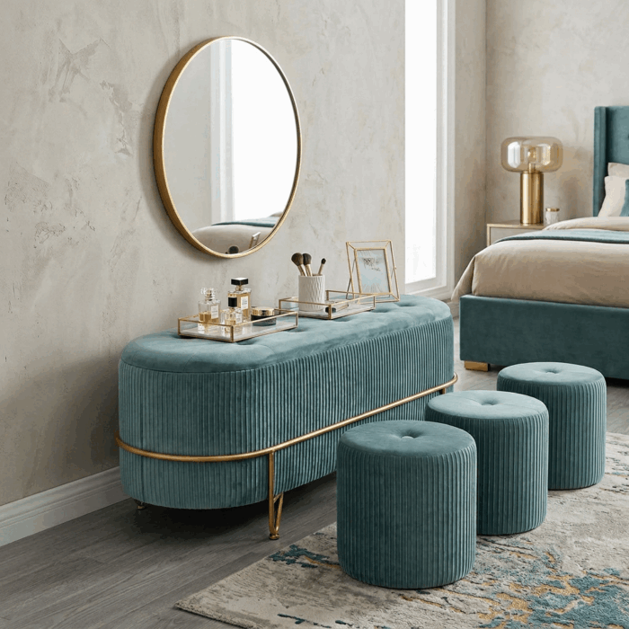 Panca contenitore turchese in velluto con pouf - immagine 4