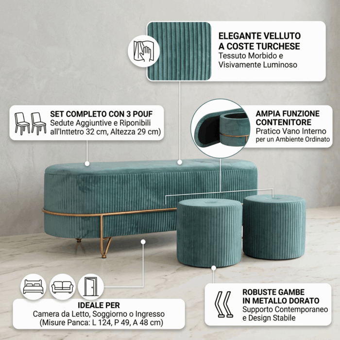 Panca contenitore turchese in velluto con pouf - immagine 3