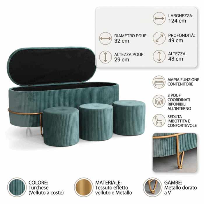Panca contenitore turchese in velluto con pouf - immagine 5