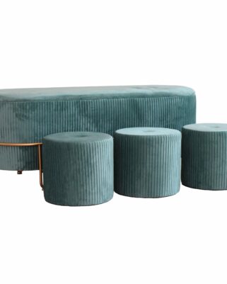 Panca contenitore turchese in velluto con tre pouf