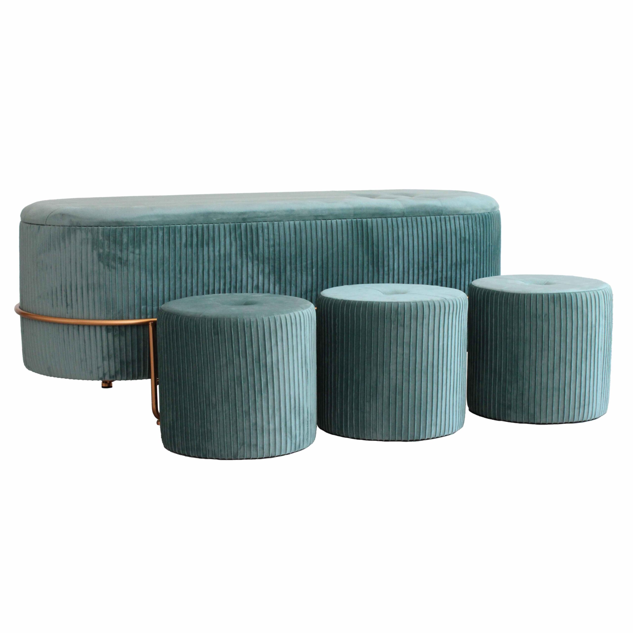 13-MYY2170 Panca contenitore turchese in velluto con tre pouf