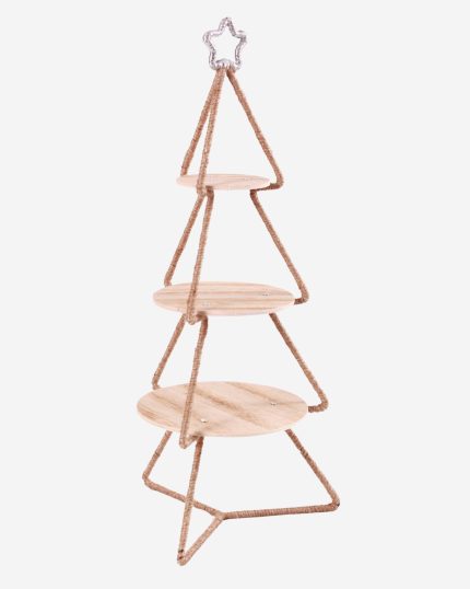 Albero di natale a ripiani con vassoi in legno e juta