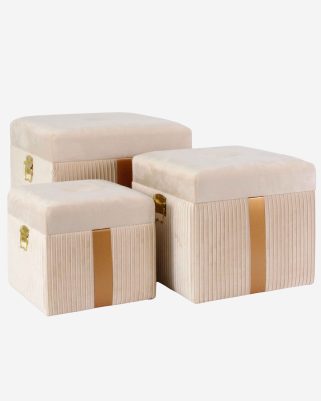Set di 3 pouf contenitore in velluto bianco