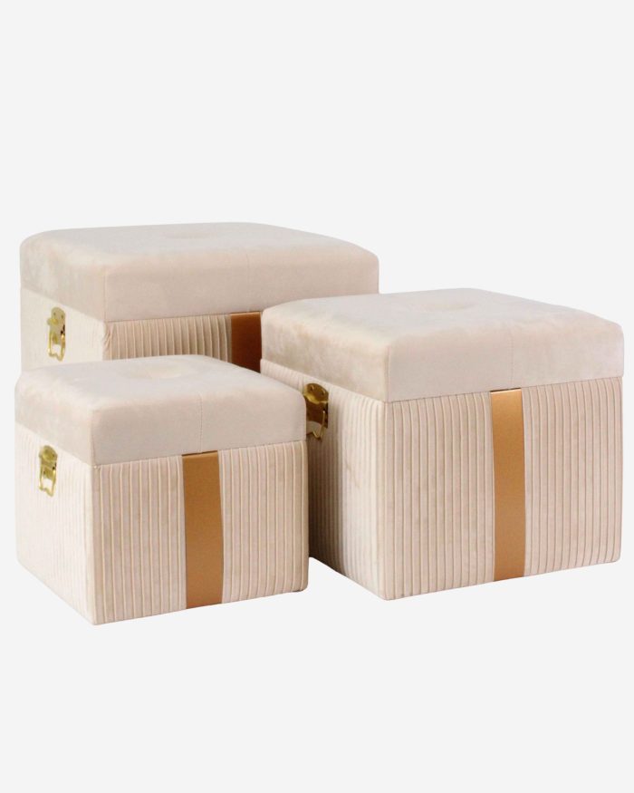 Set di 3 pouf contenitore in velluto bianco