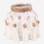 Portacandela in vetro e cotone bianco e marrone con frange e perle oro