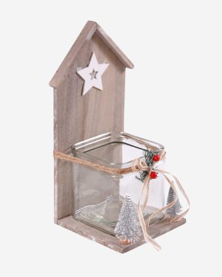 Portacandela in legno di balsa grigio con decorazioni natalizie