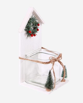 Portacandela in legno di balsa bianco con piccole decorazioni natalizie