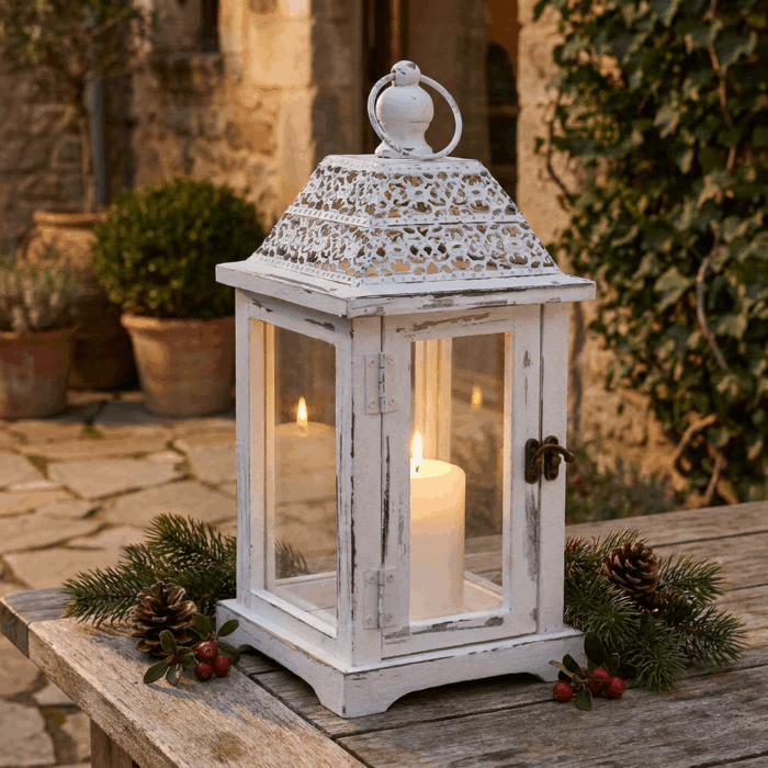 Lanterna decorativa bianca in legno di abete con vetro e copertura in metallo 17x17x38 cm - immagine 2