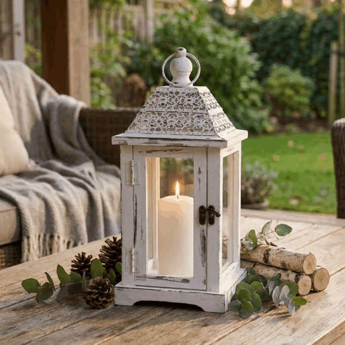 Lanterna decorativa bianca in legno di abete con vetro e copertura in metallo 17x17x38 cm - immagine 5