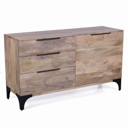 Credenza "Dino" con 3 cassetti e una anta con 2 ripiani in legno di mango