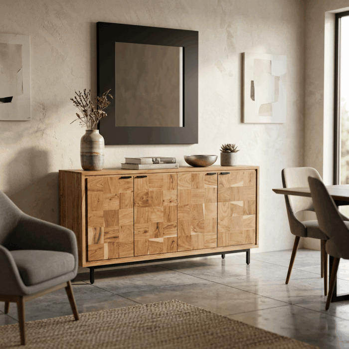Credenza "Enzo" in acacia rettangolare con 4 ante e un ripiano - immagine 5