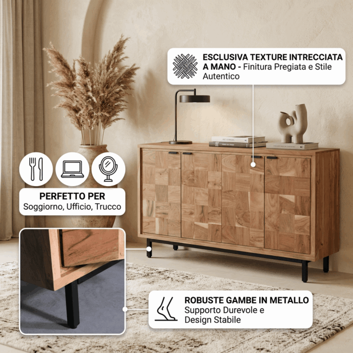 Credenza "Enzo" in acacia rettangolare con 4 ante e un ripiano - immagine 3