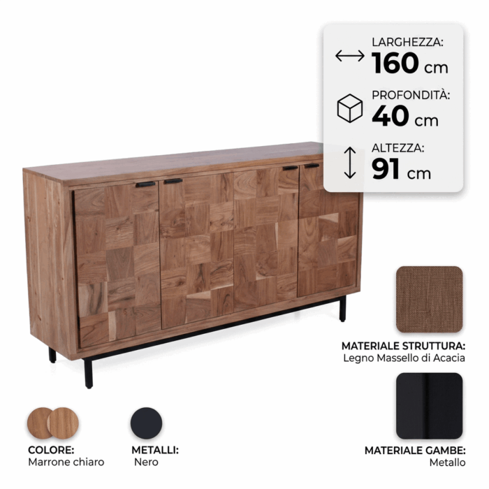 Credenza "Enzo" in acacia rettangolare con 4 ante e un ripiano - immagine 4
