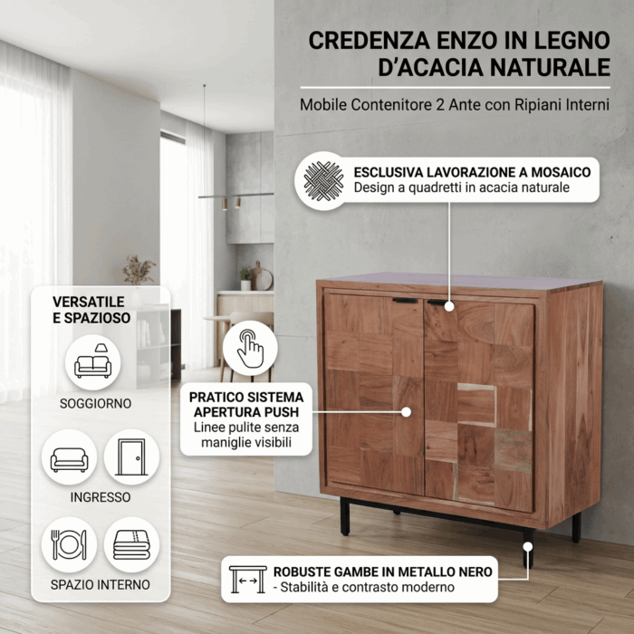 Credenza quadrata in acacia "Enzo" - immagine 3