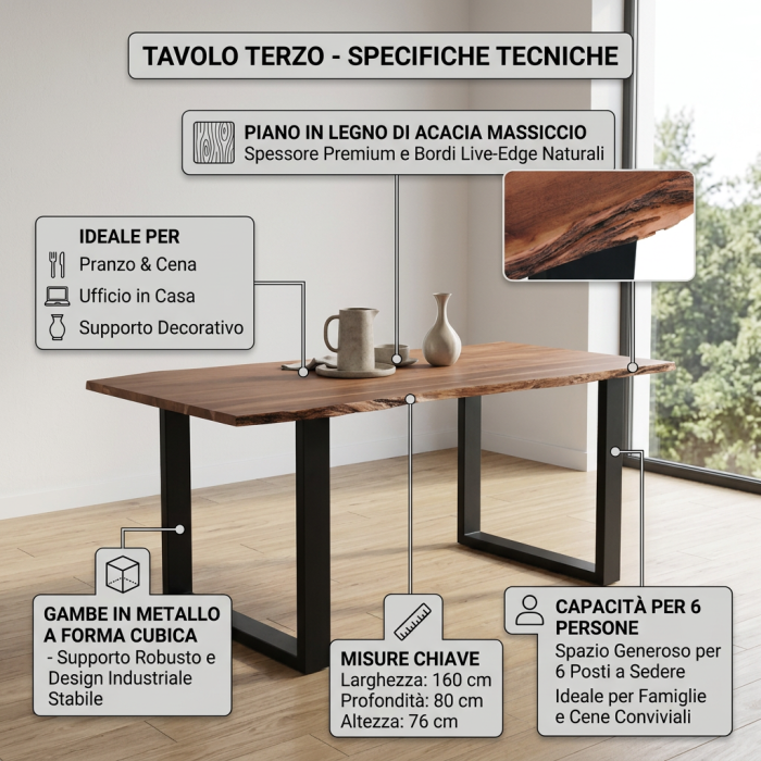 Tavolo da pranzo in legno di acacia e metallo Terzo 160x80 - immagine 4