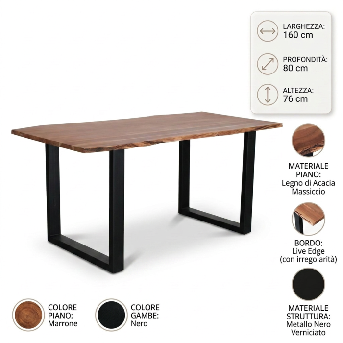 Tavolo da pranzo in legno di acacia e metallo Terzo 160x80 - immagine 5