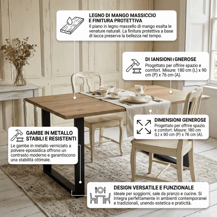 Tavolo da pranzo in mango e metallo 180x90 "Dino" - immagine 3