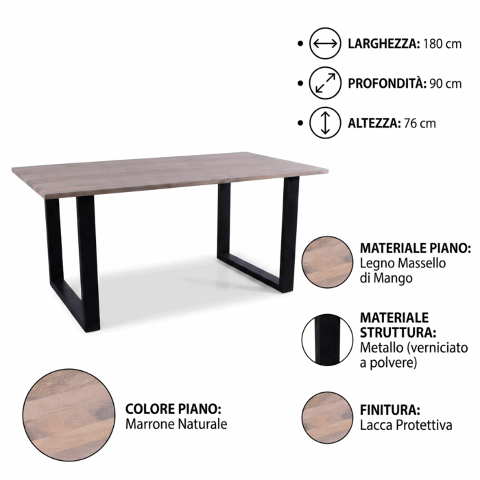Tavolo da pranzo in mango e metallo 180x90 "Dino" - immagine 4