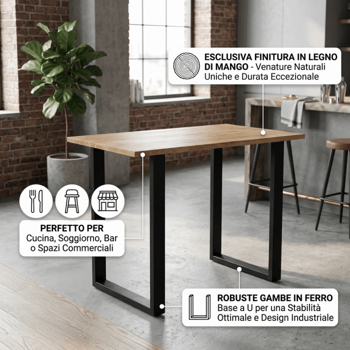 Tavolo bar Piero in legno di mango e metallo nero 120x80x100 cm - immagine 3