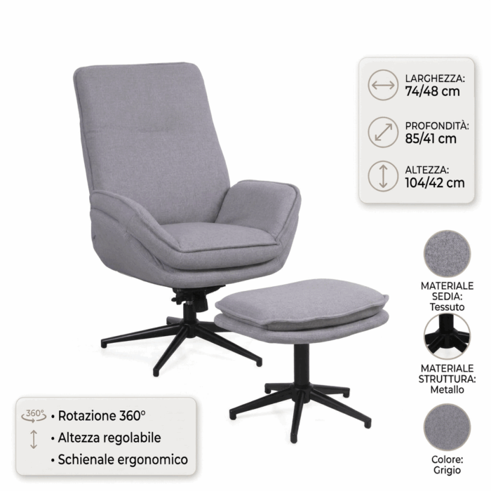 Poltrona girevole con poggiapiedi grigio "Ava" - immagine 4
