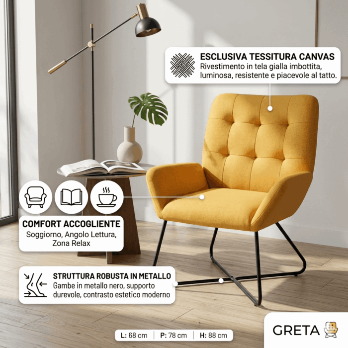 Poltrona in tessuto kilanda giallo "Greta" - immagine 3