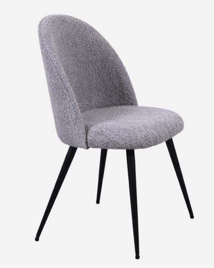 Sedia da pranzo Ella con rivestimento in tessuto bouclé grigio e gambe in metallo nero, design moderno e minimalista