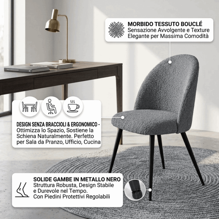Sedia da pranzo in tessuto bouclé grigio "Ella" - immagine 3
