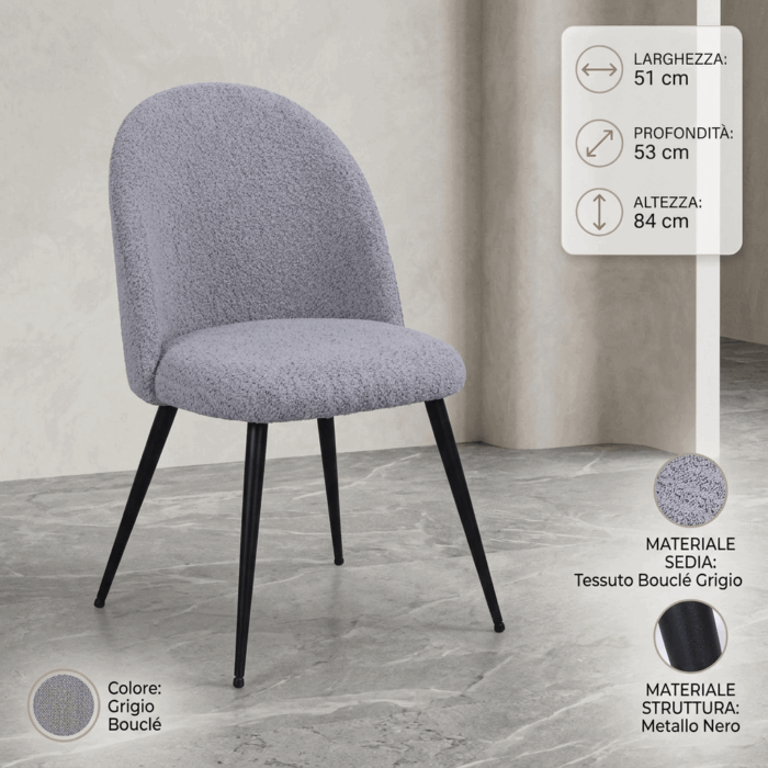 Sedia da pranzo in tessuto bouclé grigio "Ella" - immagine 4