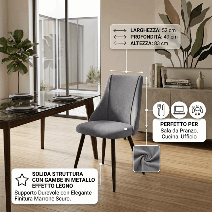 Sedia da pranzo in velluto grigio "Tara" - immagine 3
