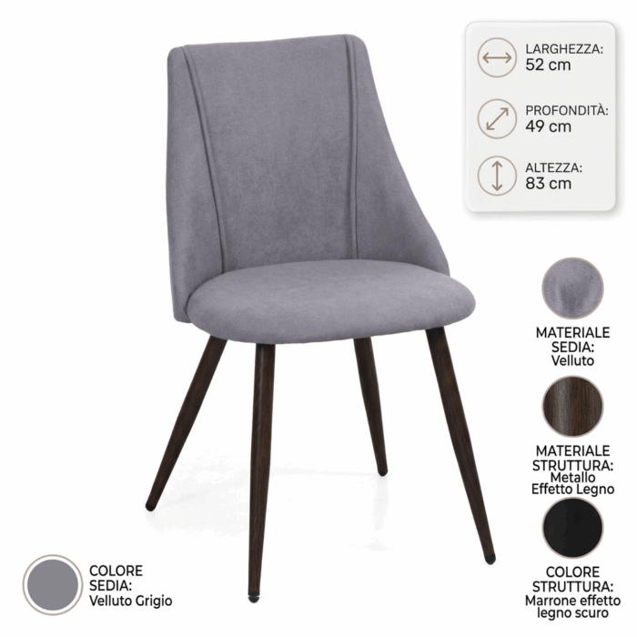 Sedia da pranzo in velluto grigio "Tara" - immagine 4