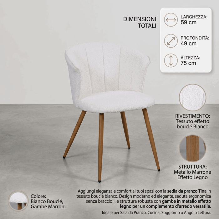 Sedia da pranzo in tessuto bouclé bianco "Tina" - immagine 4