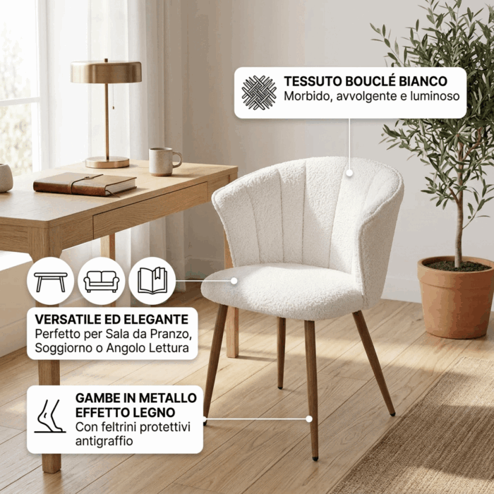 Sedia da pranzo in tessuto bouclé bianco "Tina" - immagine 3