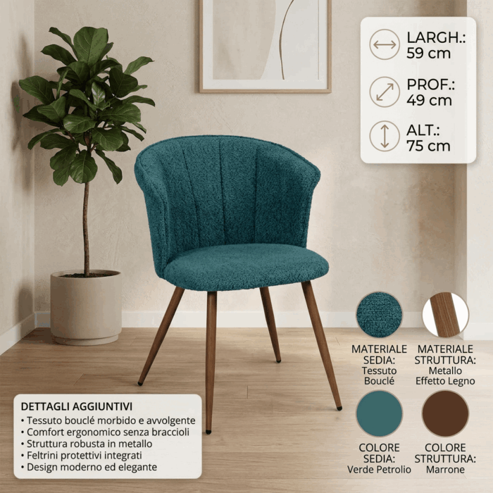 Sedia in tessuto bouclé verde petrolio Tina - immagine 4