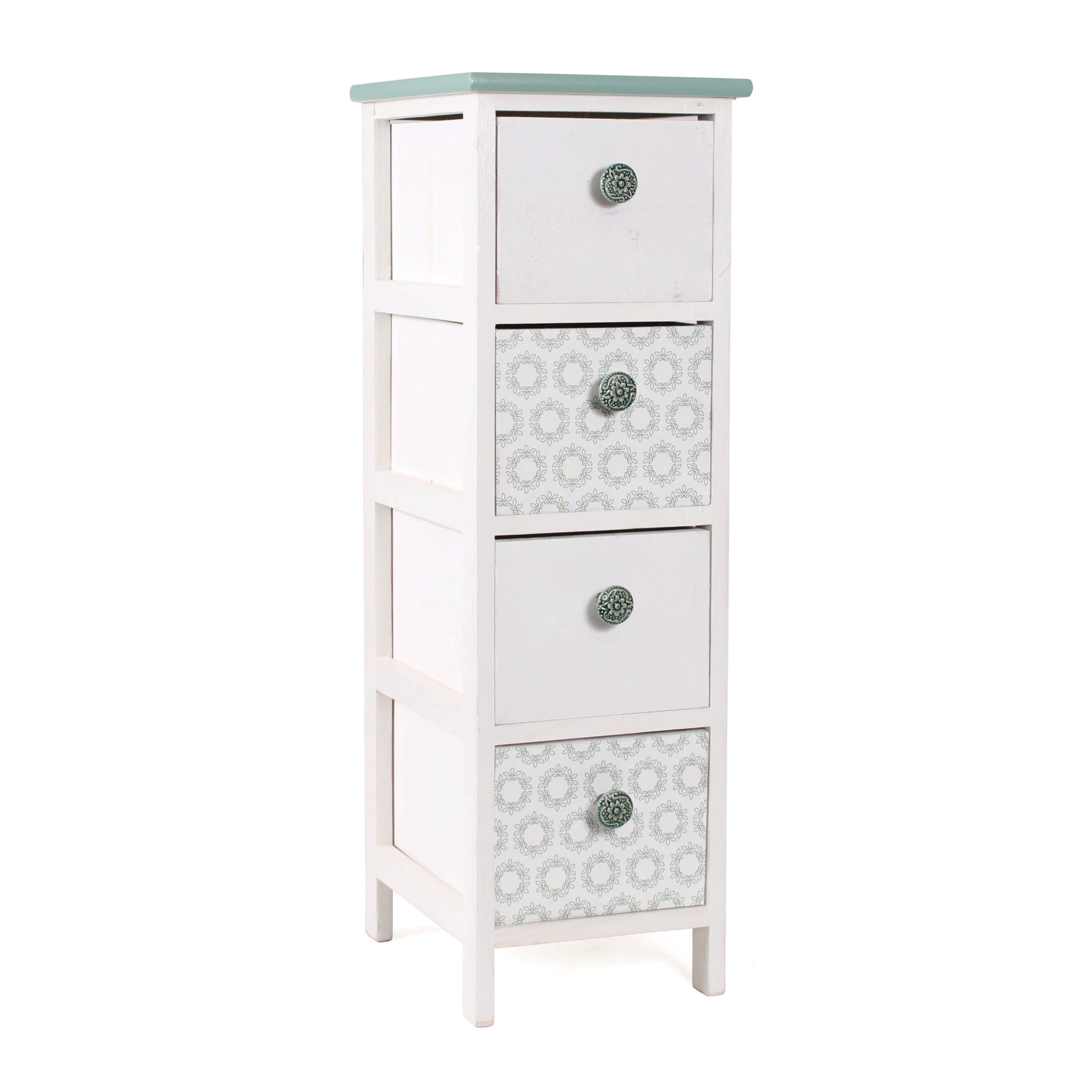 62-LH33B-4 Cassettiera 4 Cassetti in Legno di Paulownia Verde Pastello e Bianca con Pomelli in Ceramica 26x32x81 cm