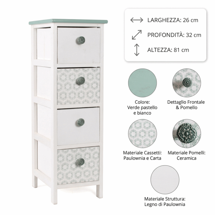 Cassettiera 4 Cassetti in Legno di Paulownia Verde Pastello e Bianca con Pomelli in Ceramica 26x32x81 cm - immagine 4