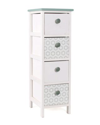 Cassettiera Verde Pastello e Bianca in Paulownia – 4 Cassetti con Pomelli in Ceramica – 26x32xH81 cm