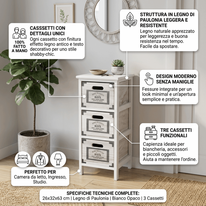 Cassettiera Bianca in legno di Paulonia con 3 cassetti 26x32x63 cm - immagine 3
