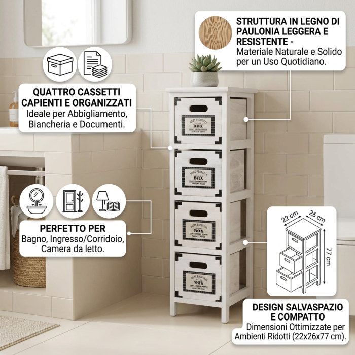 Cassettiera in Legno di Paulonia Bianca Opaca 4 Cassetti 22x26x77 cm - immagine 3