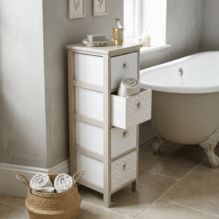 Cassettiera Compatta in Legno di Paulownia Beige con 4 Cassetti con Pomelli in Ceramica 26x32x81 cm - immagine 5