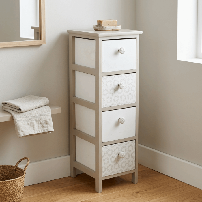 Cassettiera Compatta in Legno di Paulownia Beige con 4 Cassetti con Pomelli in Ceramica 26x32x81 cm - immagine 2