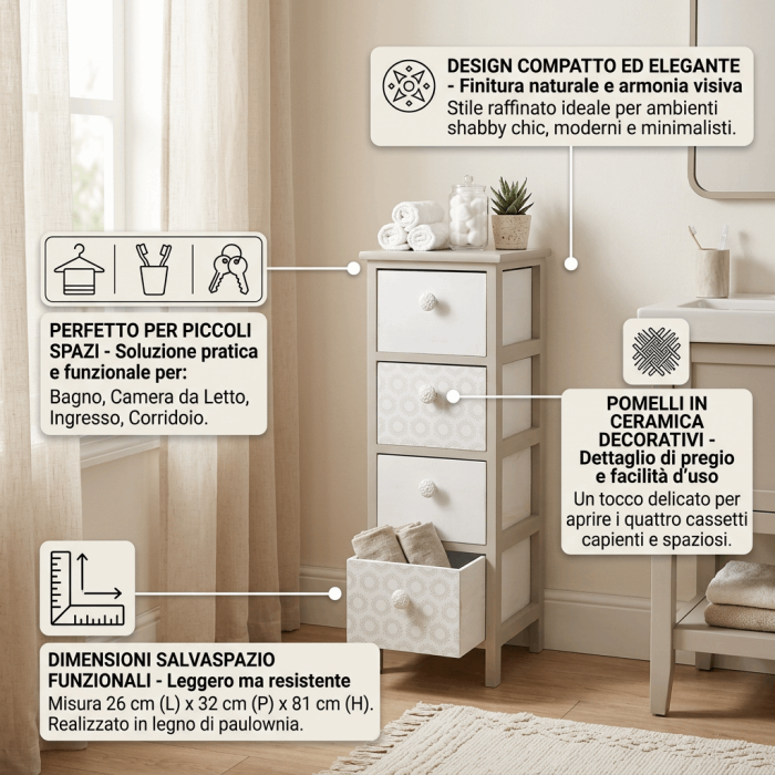 Cassettiera Compatta in Legno di Paulownia Beige con 4 Cassetti con Pomelli in Ceramica 26x32x81 cm - immagine 3