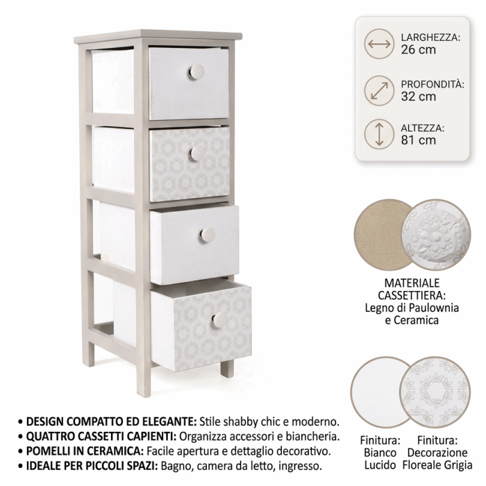 Cassettiera Compatta in Legno di Paulownia Beige con 4 Cassetti con Pomelli in Ceramica 26x32x81 cm - immagine 4