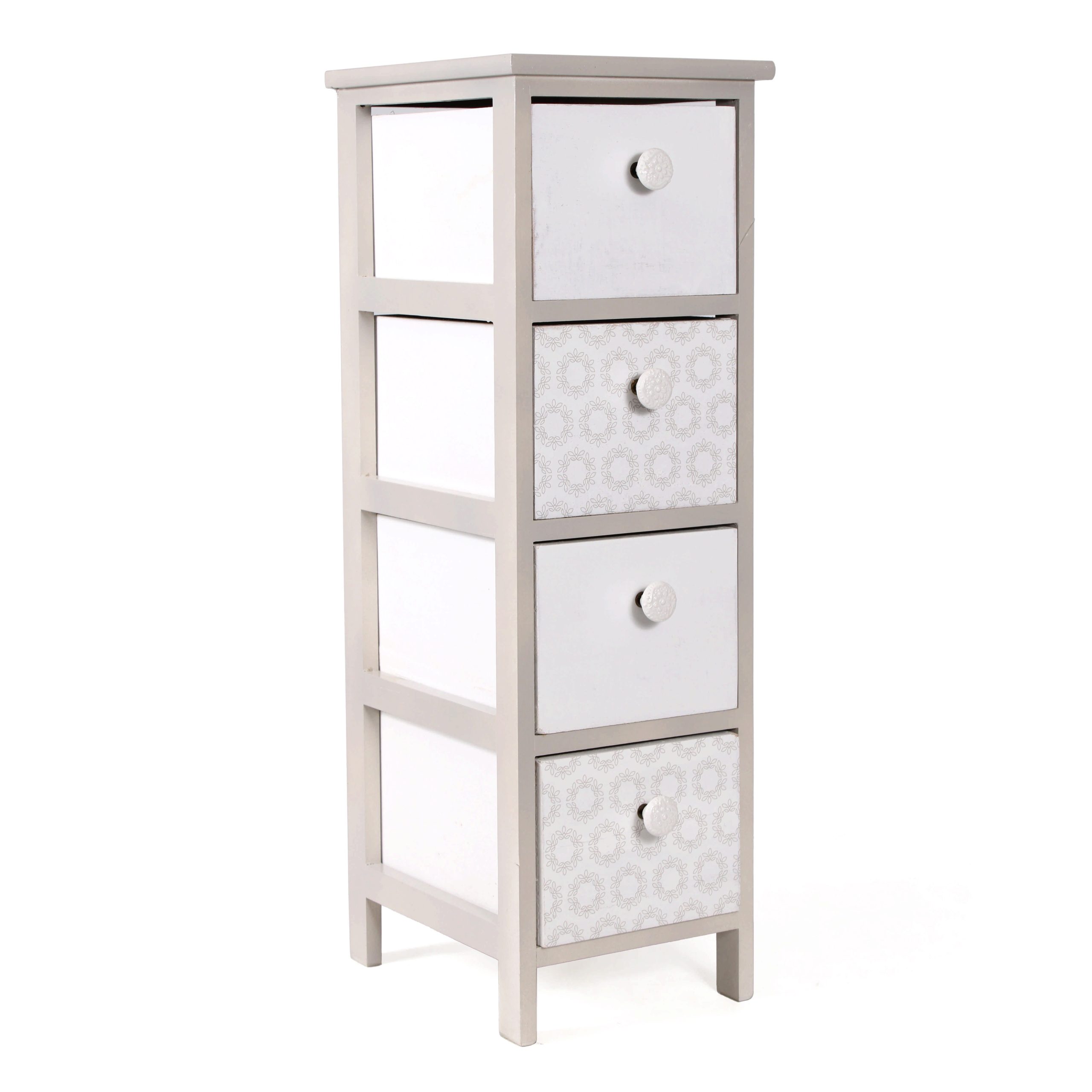 62-LH8B-4 Cassettiera Compatta in Legno di Paulownia Beige con 4 Cassetti con Pomelli in Ceramica 26x32x81 cm