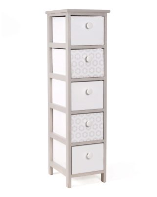 Cassettiera Alta in Legno di Paulownia Beige con 5 Cassetti con Pomelli in Ceramica 26x32x98 cm