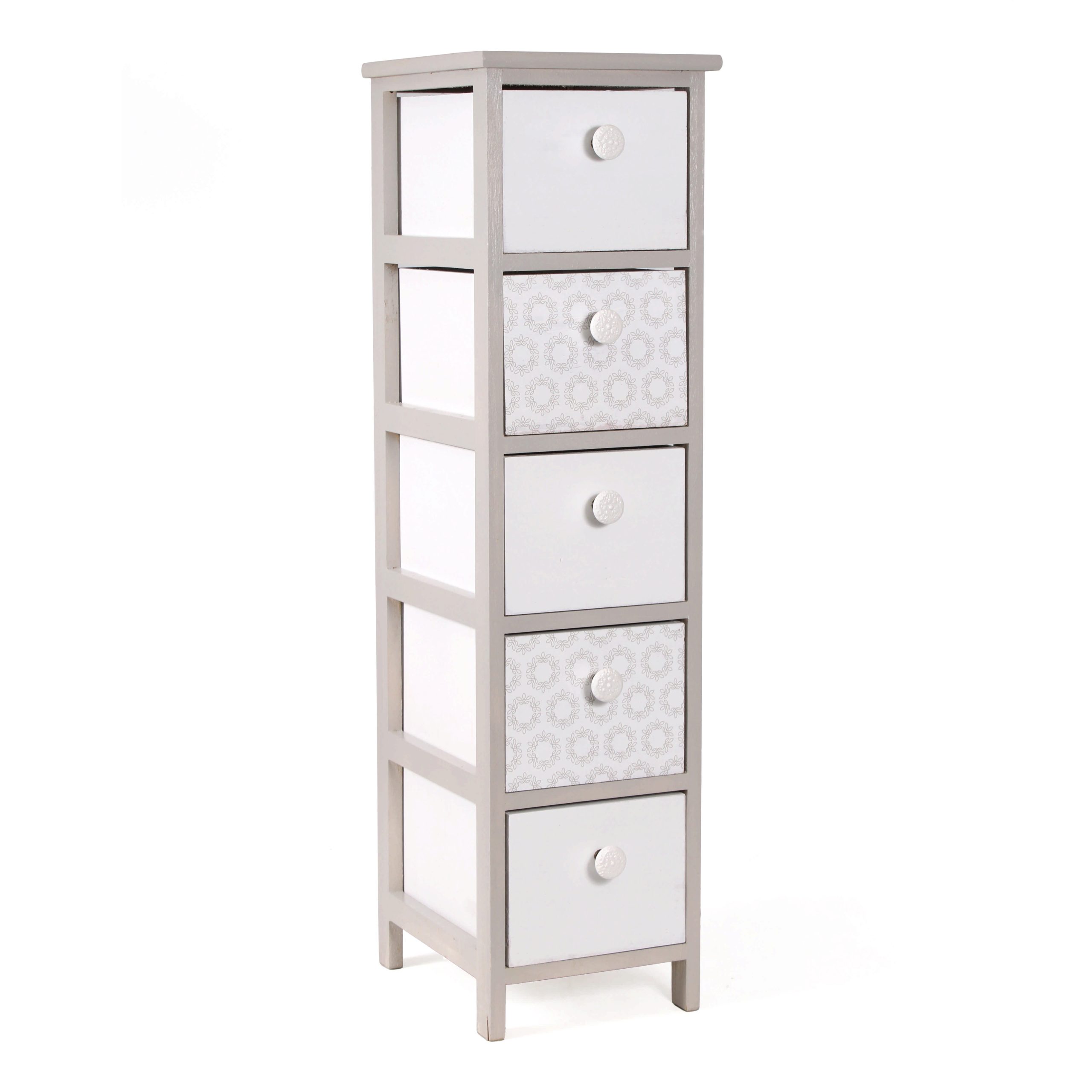 62-LH8B-5 Cassettiera Alta in Legno di Paulownia Beige con 5 Cassetti con Pomelli in Ceramica 26x32x98 cm
