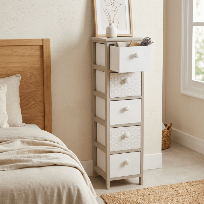 Cassettiera Alta in Legno di Paulownia Beige con 5 Cassetti con Pomelli in Ceramica 26x32x98 cm - immagine 2