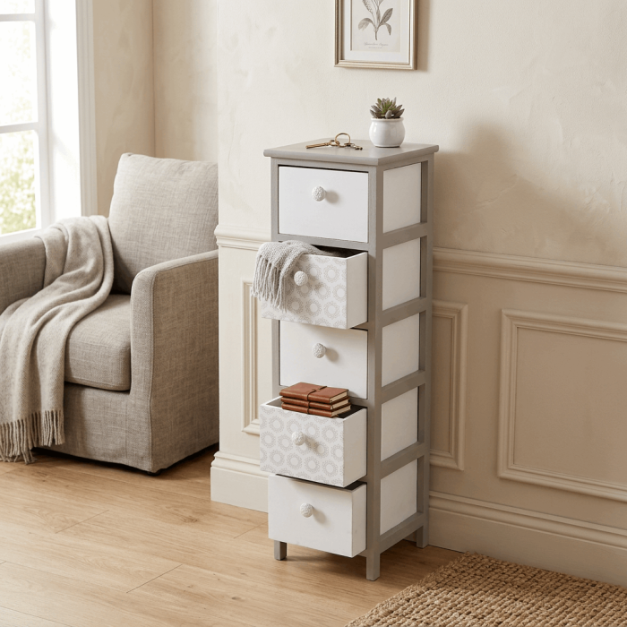 Cassettiera Alta in Legno di Paulownia Beige con 5 Cassetti con Pomelli in Ceramica 26x32x98 cm - immagine 5